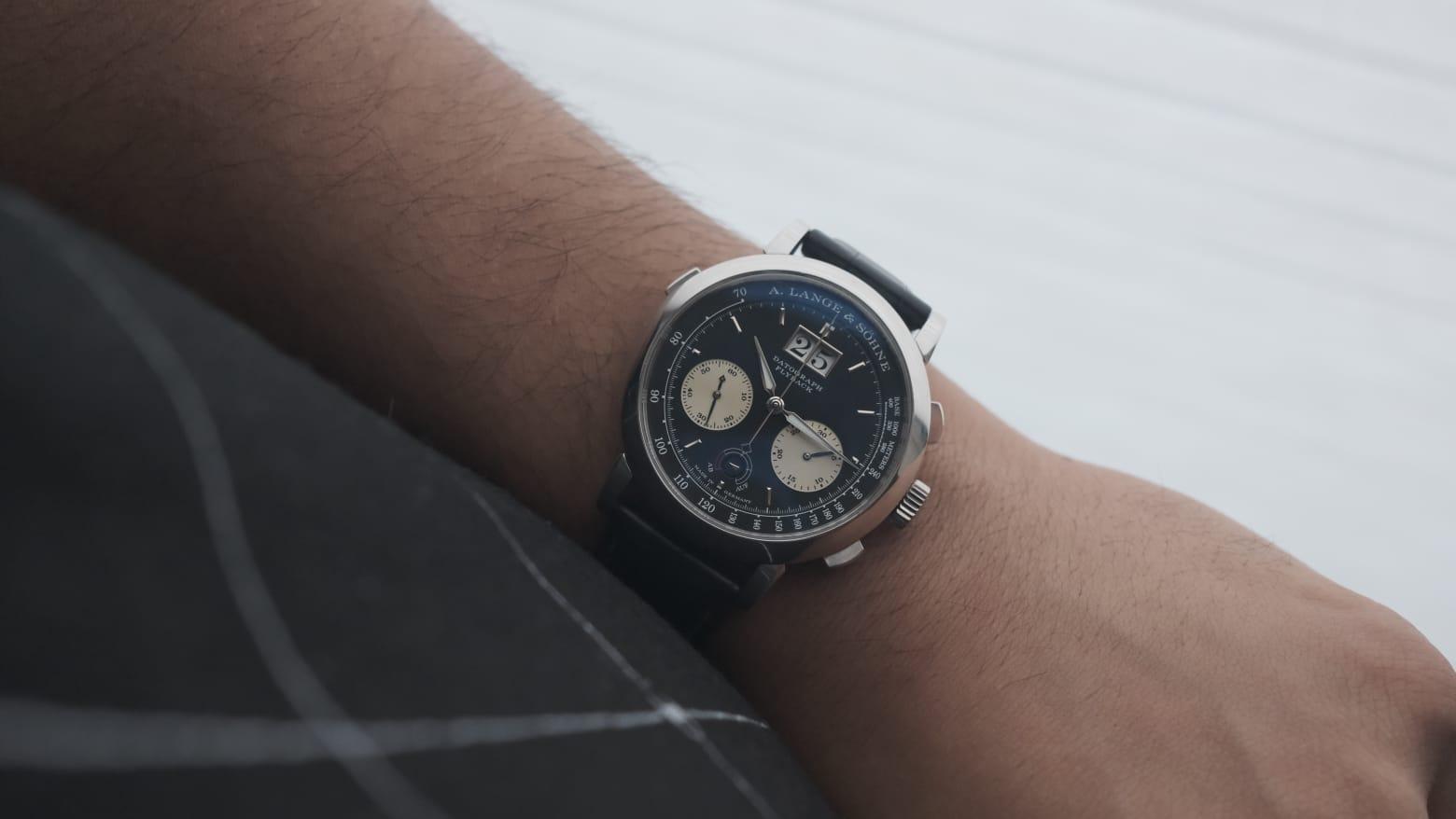 A. Lange & Söhne Datograph Platinum 405.035 featured on the wrist.
