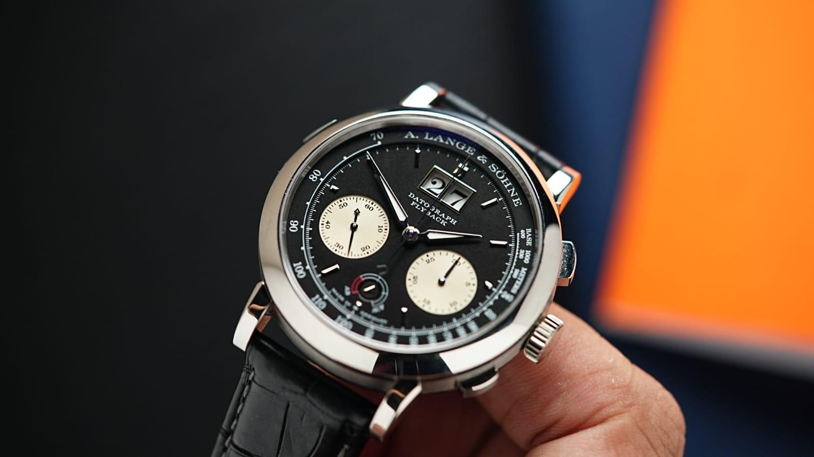 A. Lange & Söhne Datograph Platinum 405.035 displayed in hand.