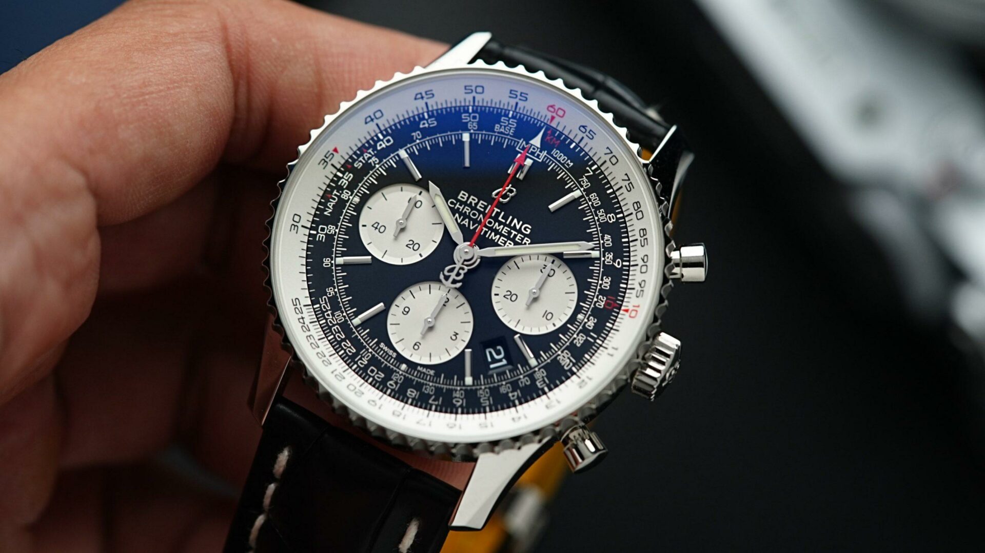 Breitling Navitimer 1 B01 Chronograph 43 2022 being held in hand.