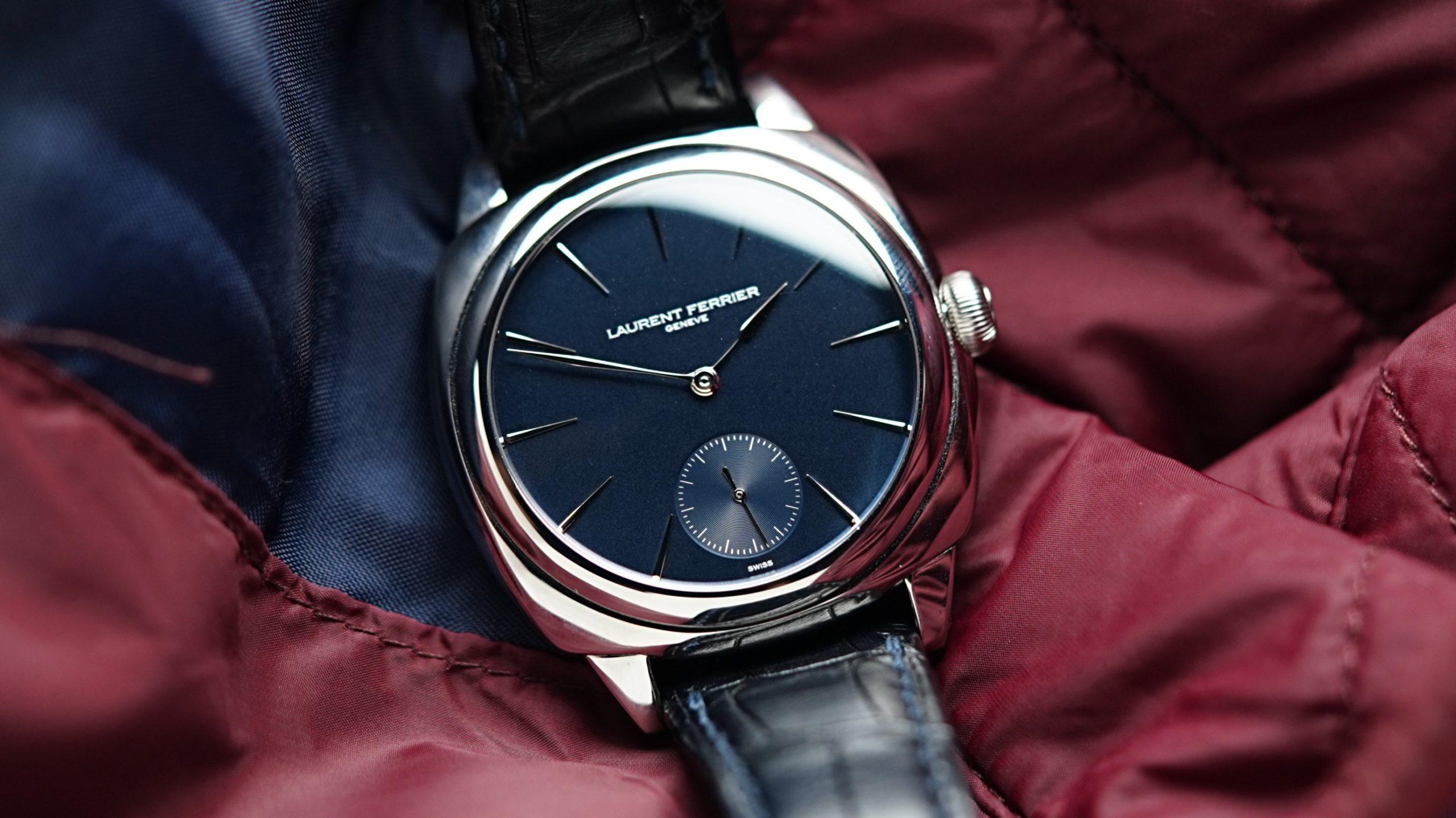 Laurent Ferrier MICRO-ROTOR GALET SQUARE with burgundy background up close.