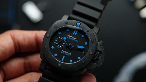 Panerai Submersible Carbotech PAM960 held in hand.