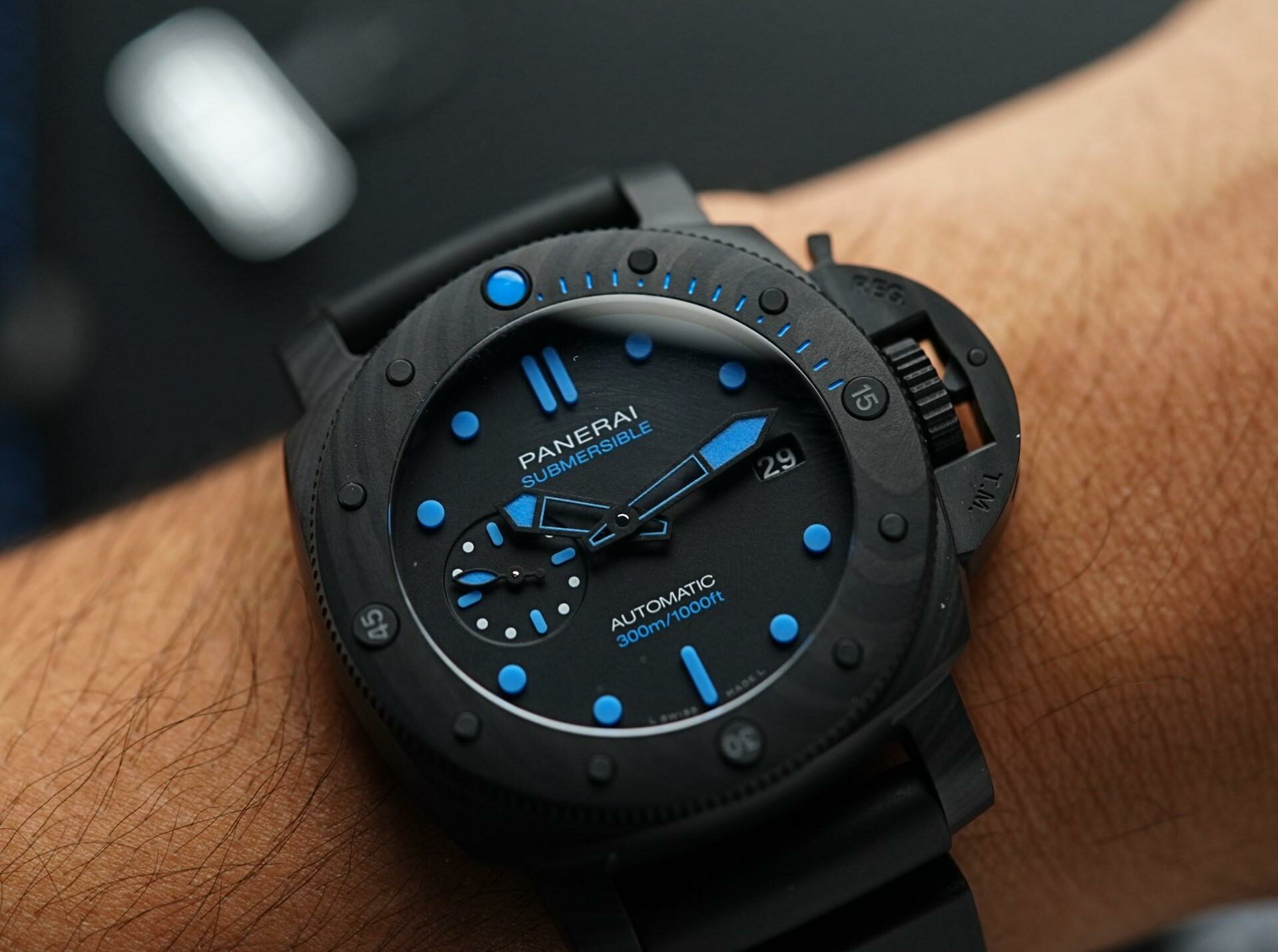 Panerai Submersible Carbotech PAM960 on wrist.