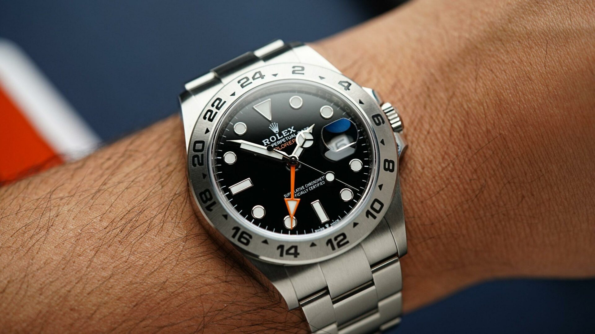 Rolex Explorer II 2022 216570 being displayed on wrist up close.