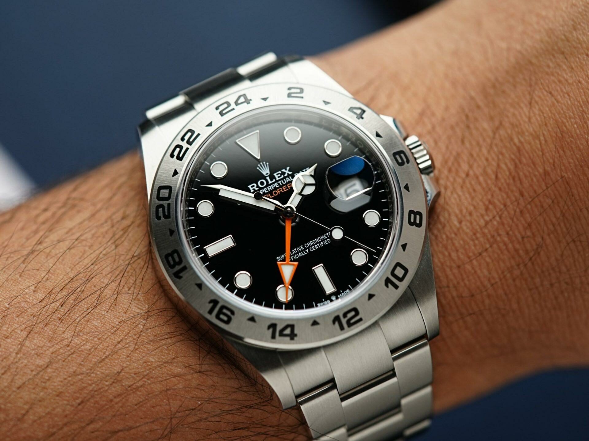 Rolex Explorer II 2022 216570 being displayed on wrist up close.