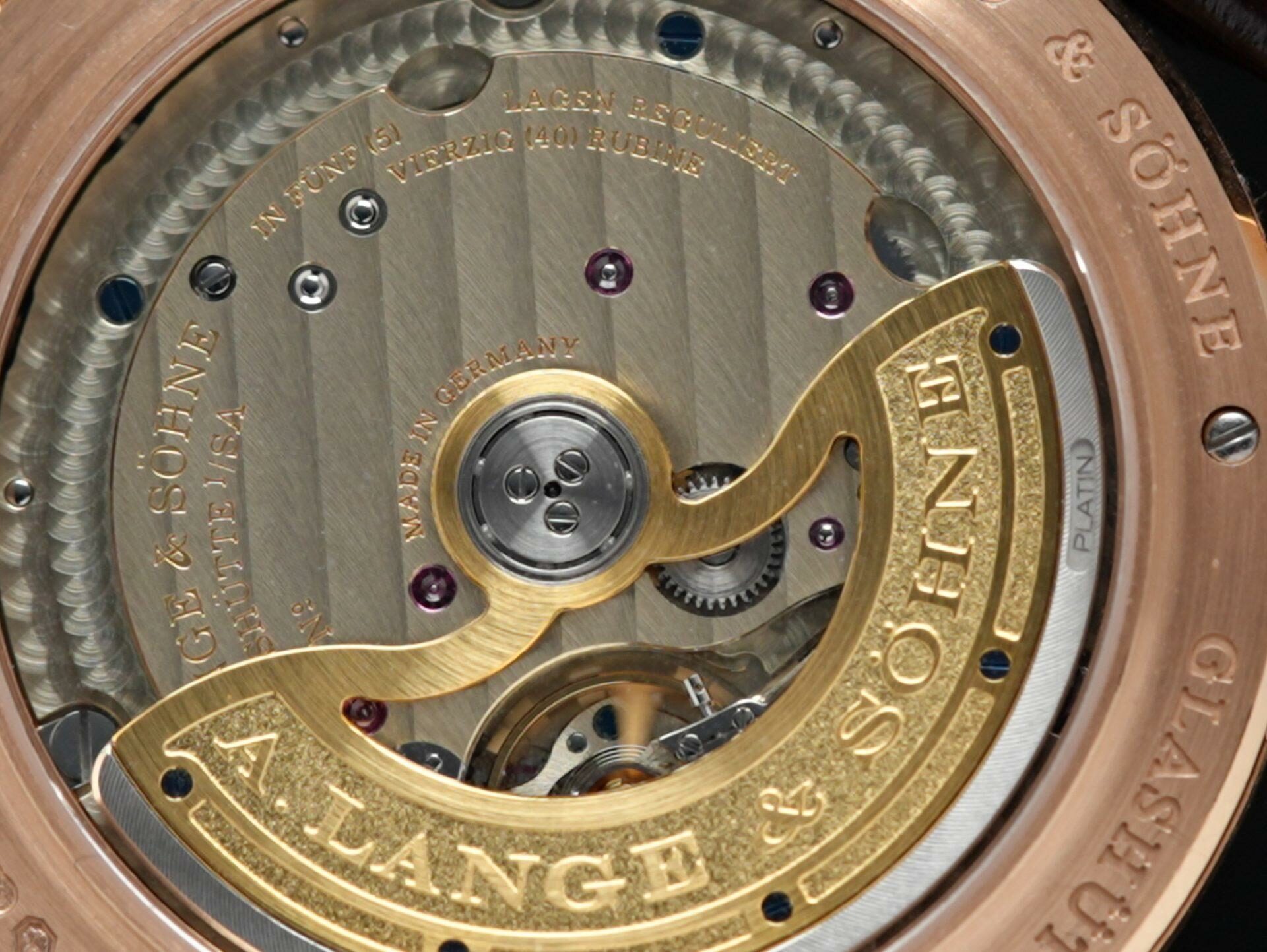 Back side of the A. Lange & Söhne Saxonia Moon Phase Rose Gold.
