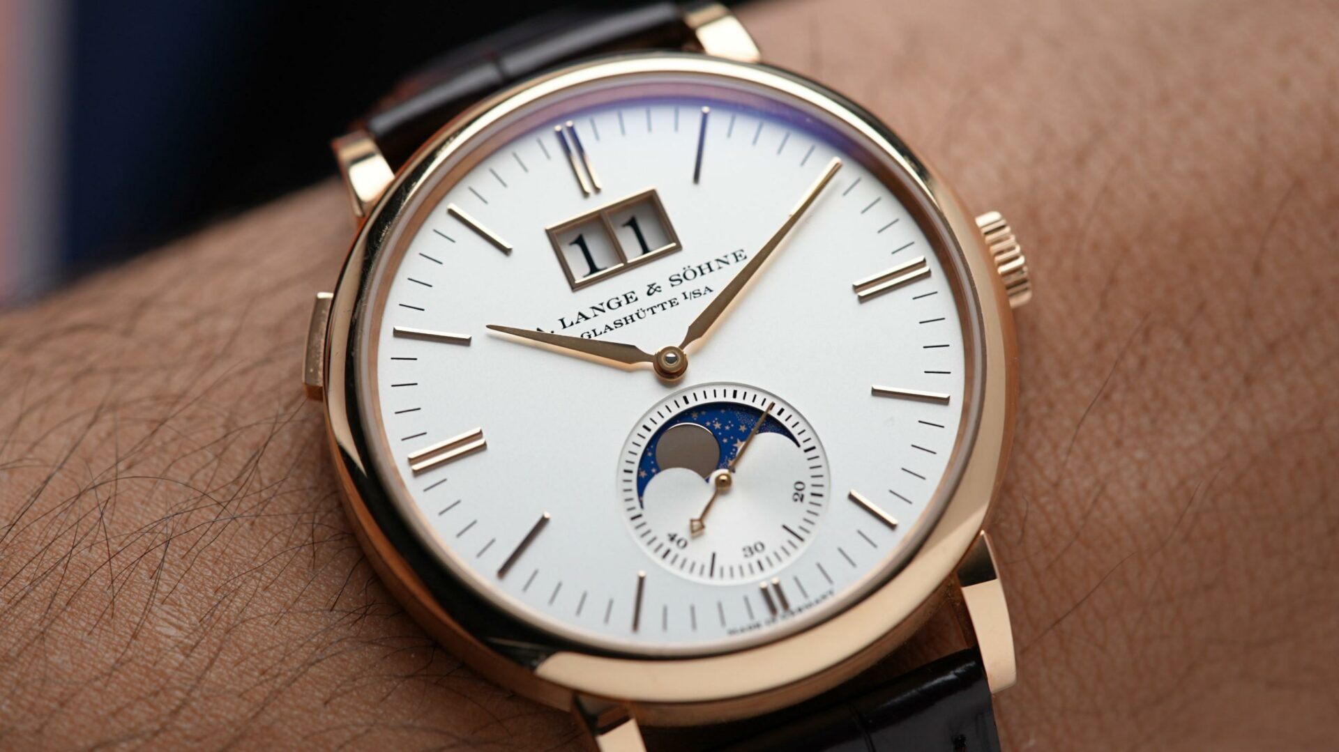 A. Lange & Söhne Saxonia Moon Phase Rose Gold on wrist.