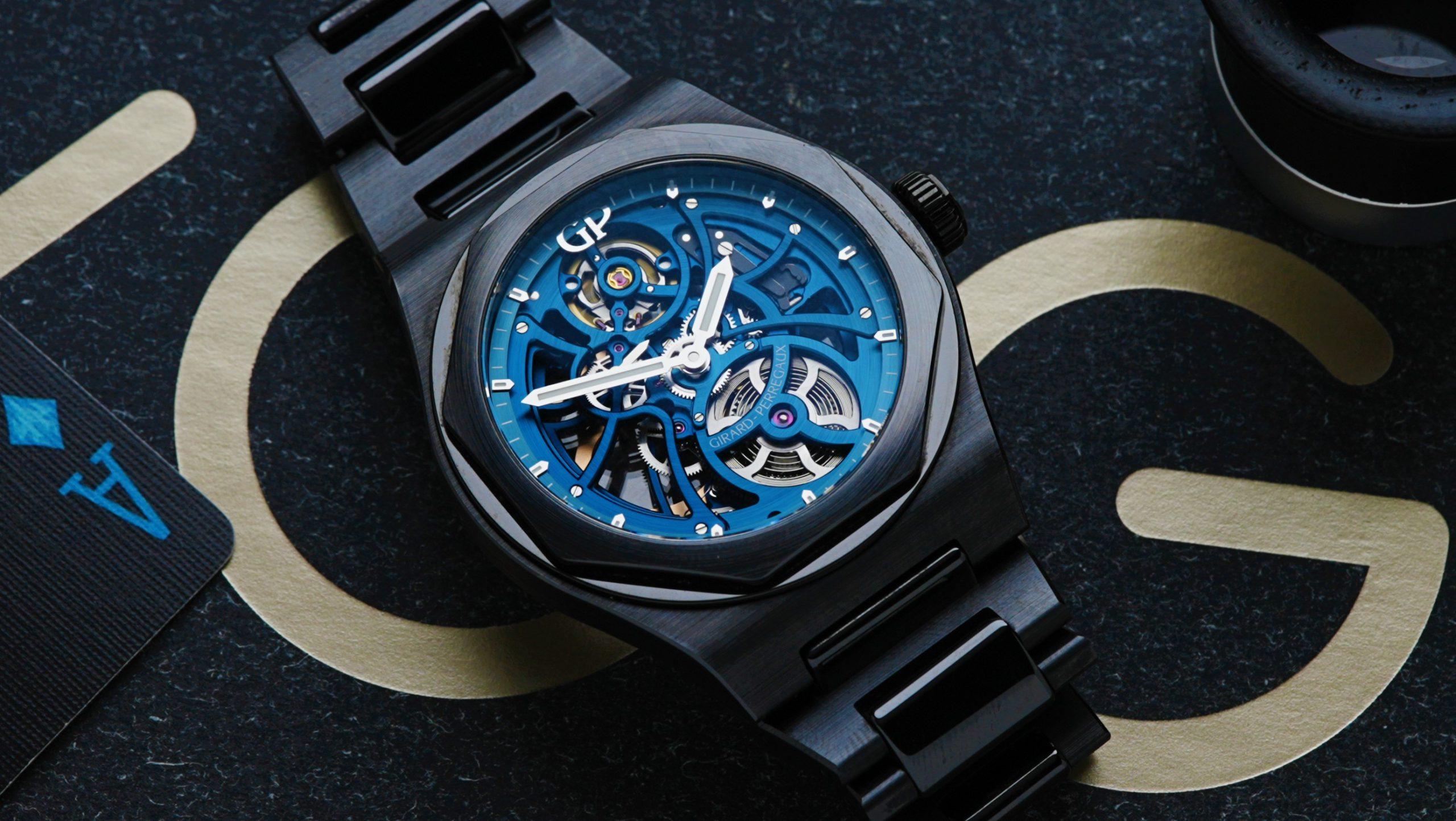 Girard Perregaux Skeleton Earth to Sky Laureato Edition featured under white light.