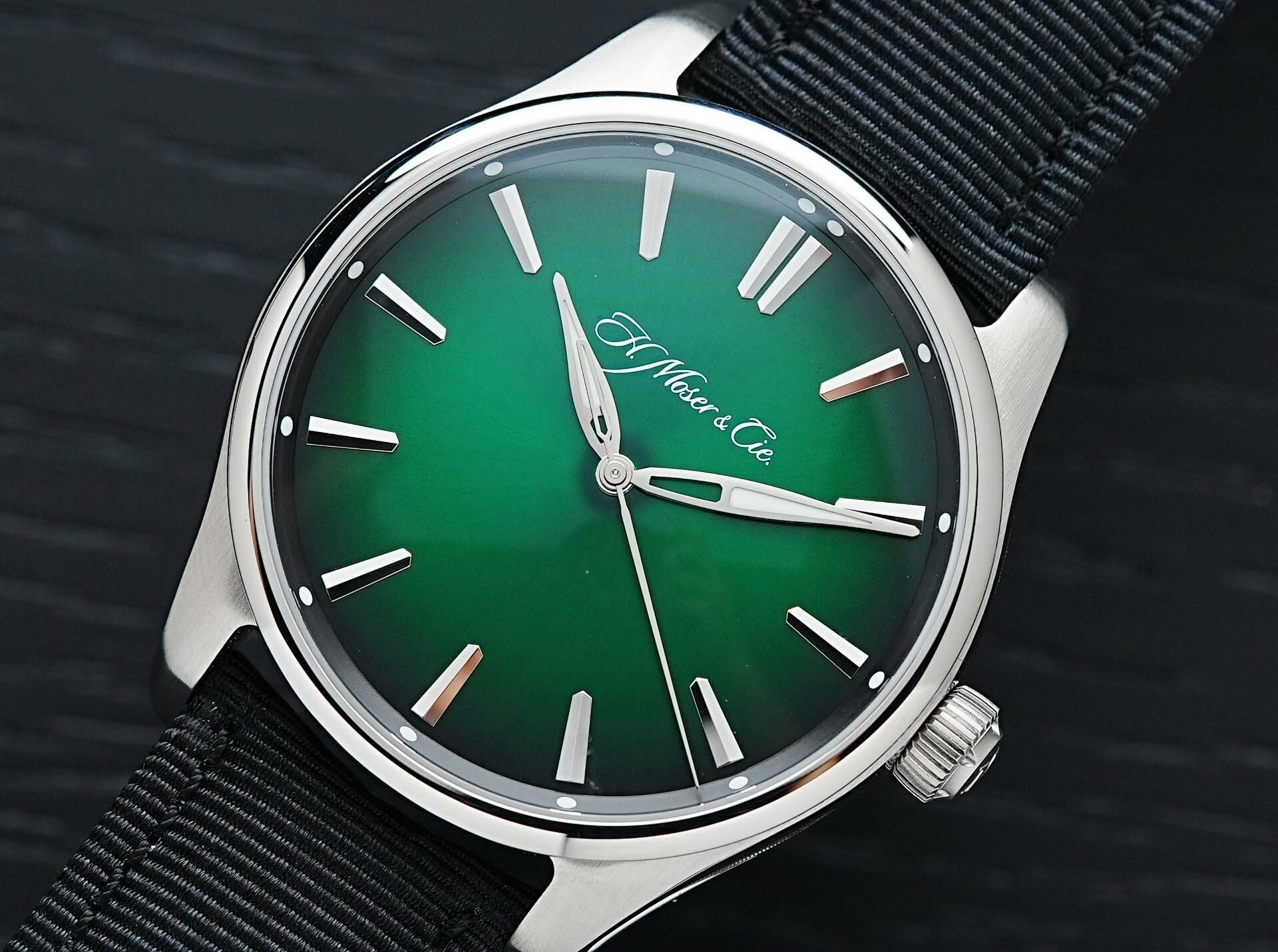 H.Moser & Cie. Pioneer Centre Seconds Cosmic Green featured under white light.
