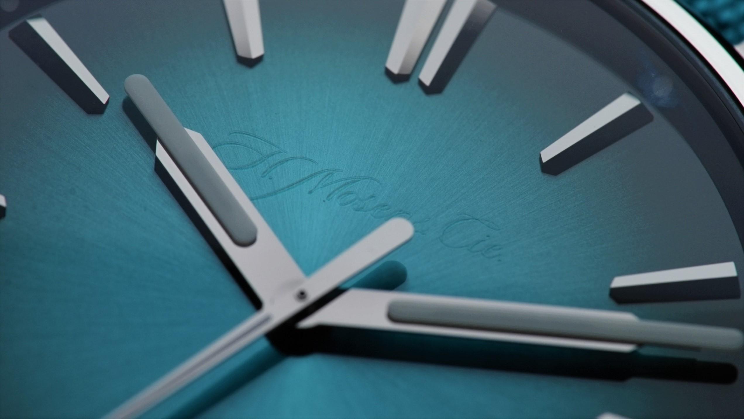 H.Moser & Cie. Pioneer Centre Seconds Mega Cool Blue Lagoon zoomed in.