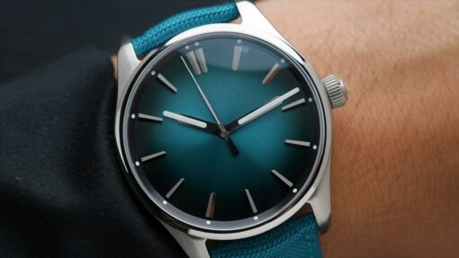 H.Moser & Cie. Pioneer Centre Seconds Mega Cool Blue Lagoon on wrist.