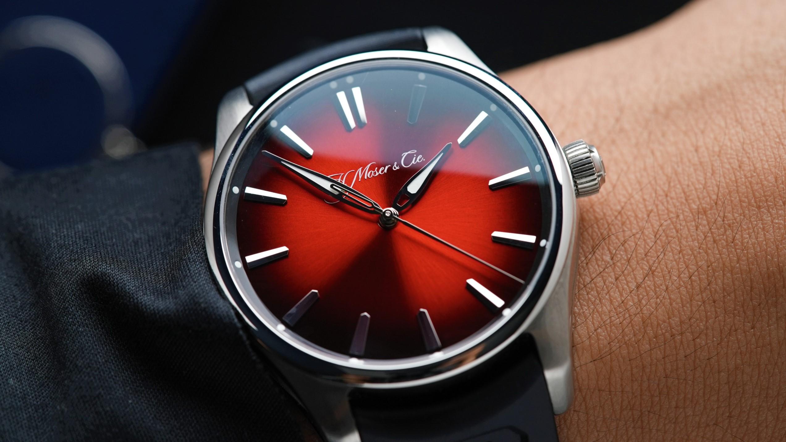 H.Moser & Cie. Pioneer Centre Seconds Swiss Mad Red on wrist.