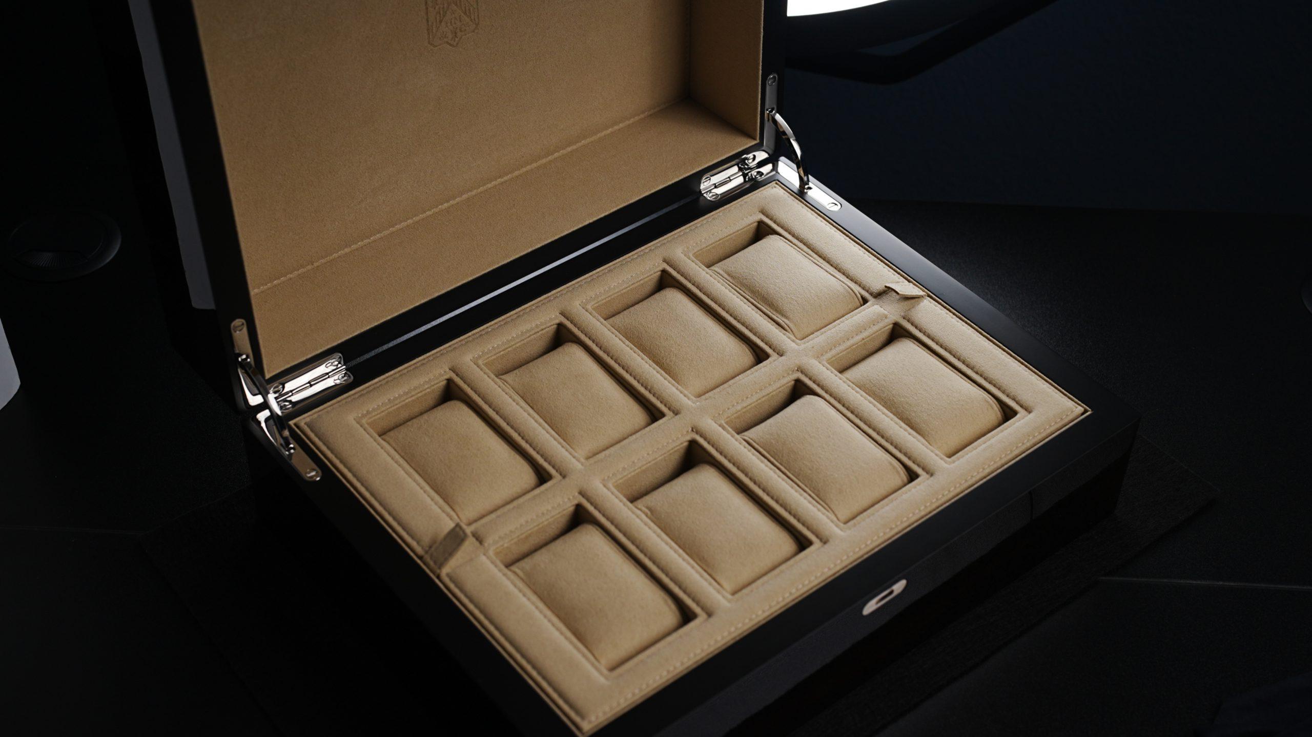 Box for the H.Moser & Cie. Confidential Project X Concept Vanta Black with space for mystery pieces.