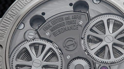 Back side of the Armin Strom Kari Voutilainen Mirrored Force Resonance Guilloche Dial up close.