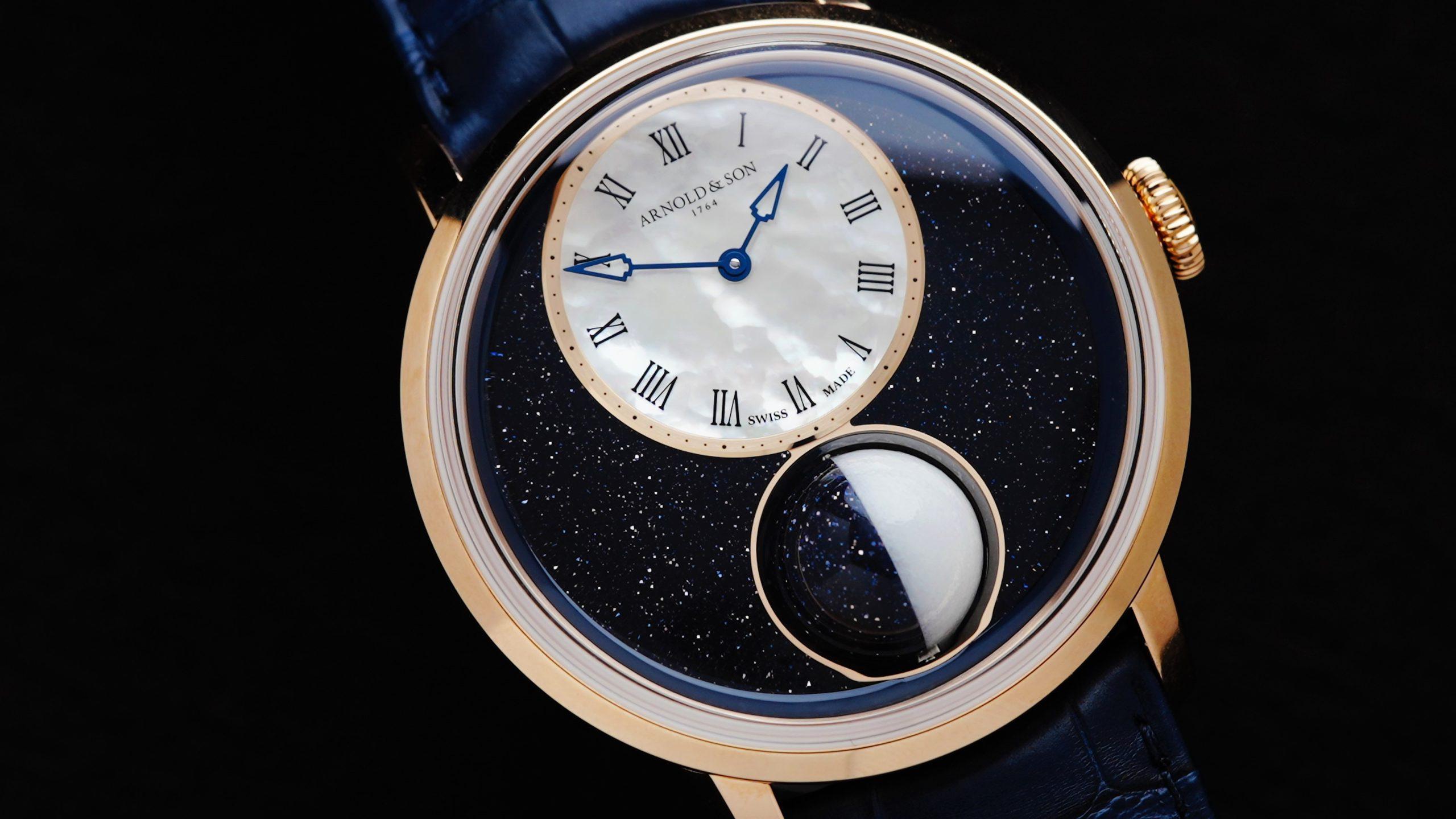 Arnold & Son Luna Magna 28 Pieces Limited Edition 3D Moon watch pictured under white lighting full size.