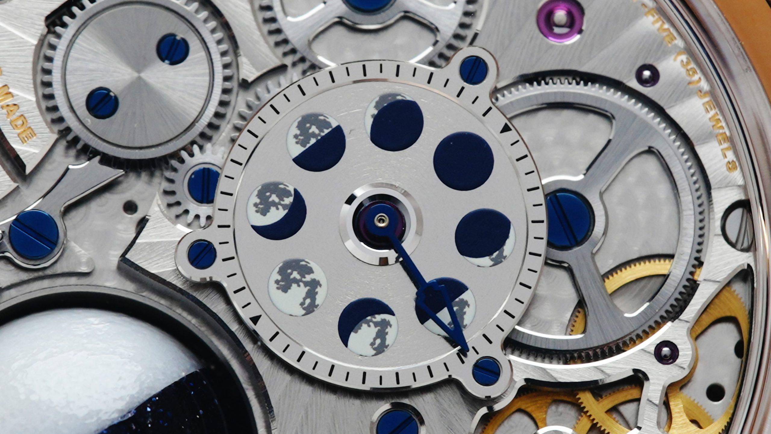 Back side of the Arnold & Son Luna Magna 28 Pieces Limited Edition 3D Moon watch movement.