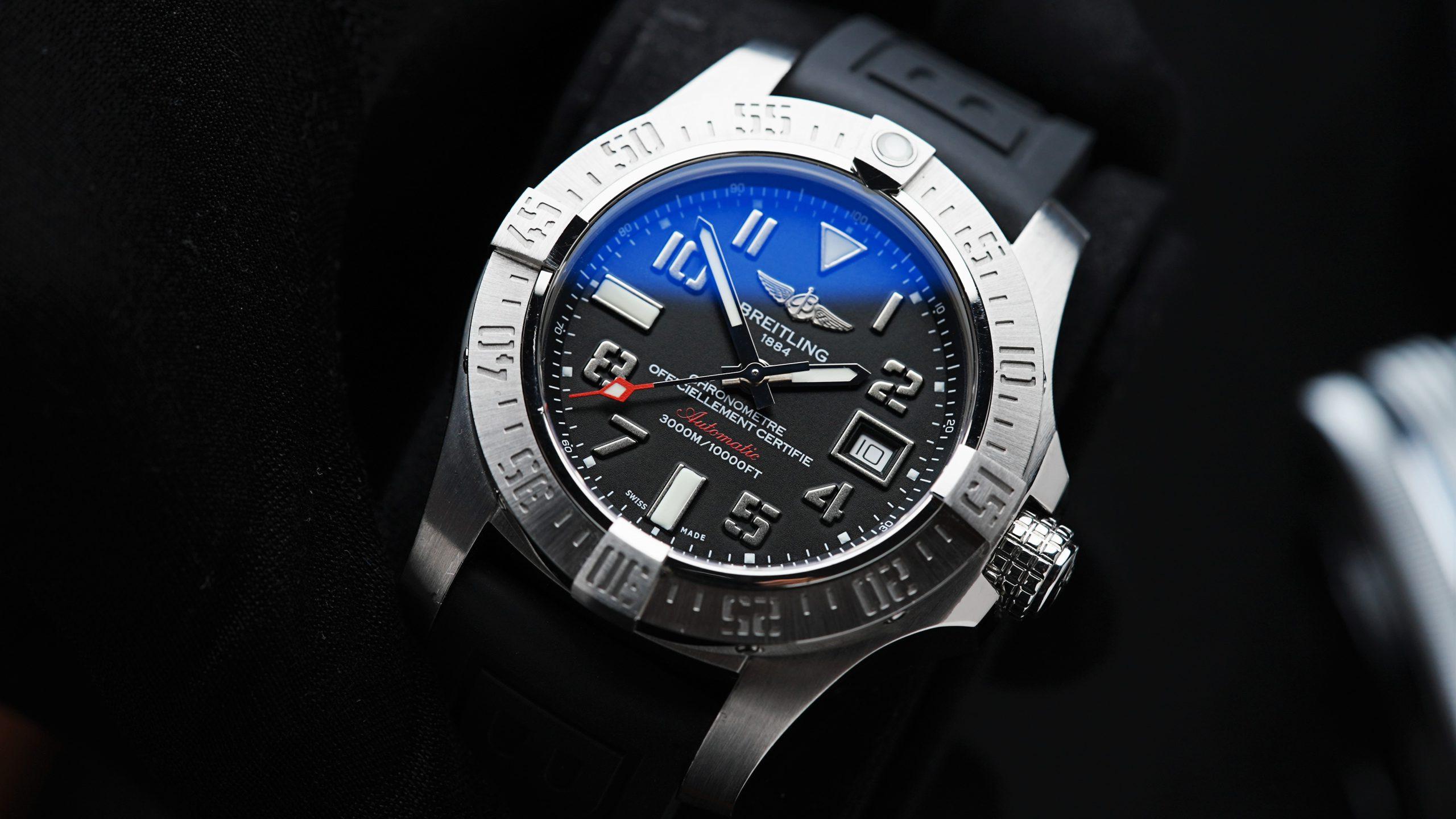 Breitling Avenger II Seawolf angled shot up close of dial.