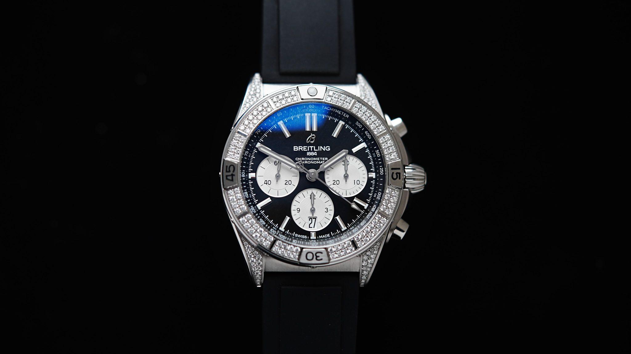 Diamond embezzled Breitling B01 42 Chronomat watch.