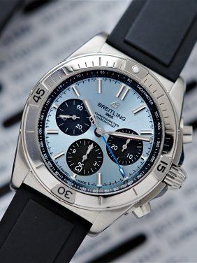 Breitling Chronomat B01 42 Ice Blue watch pictured on an angle under white light.