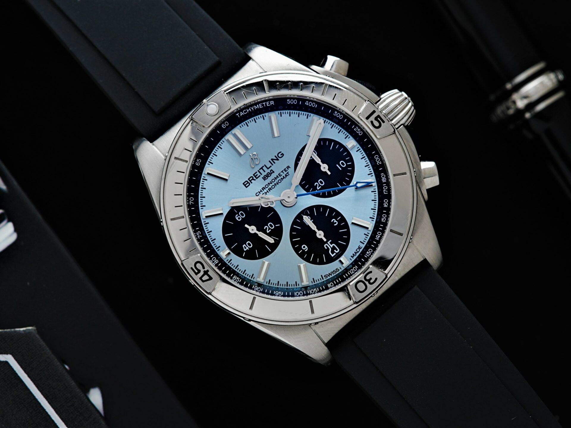 Breitling Chronomat B01 42 Ice Blue watch pictured on an angle under white lighting.