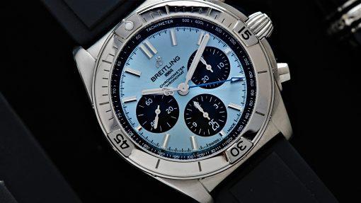 Breitling Chronomat B01 42 Ice Blue watch dial up close.