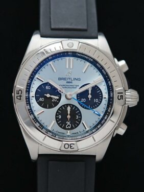 Breitling Chronomat B01 42 Ice Blue watch featured under white lighting.