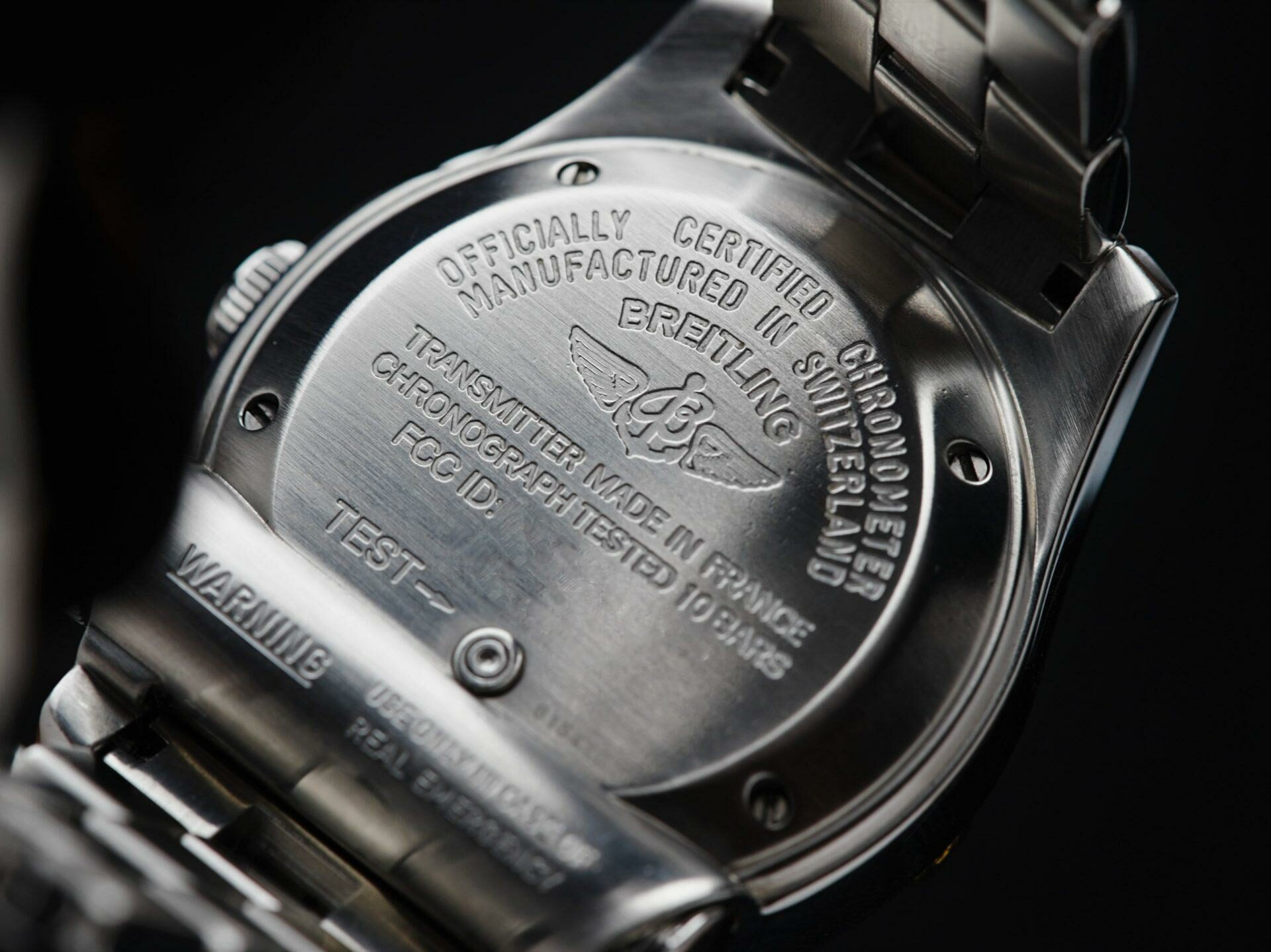 Back side of the Breitling Emergency Mission watch.
