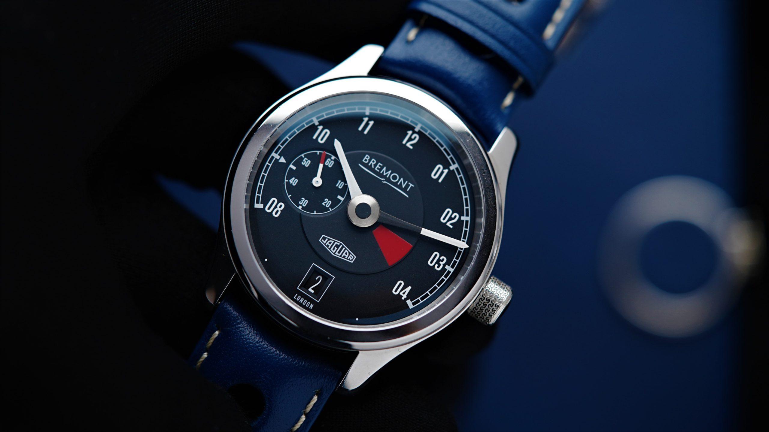 Bremont Jaguar MK1 Blue Dial E Type watch being held in hand.