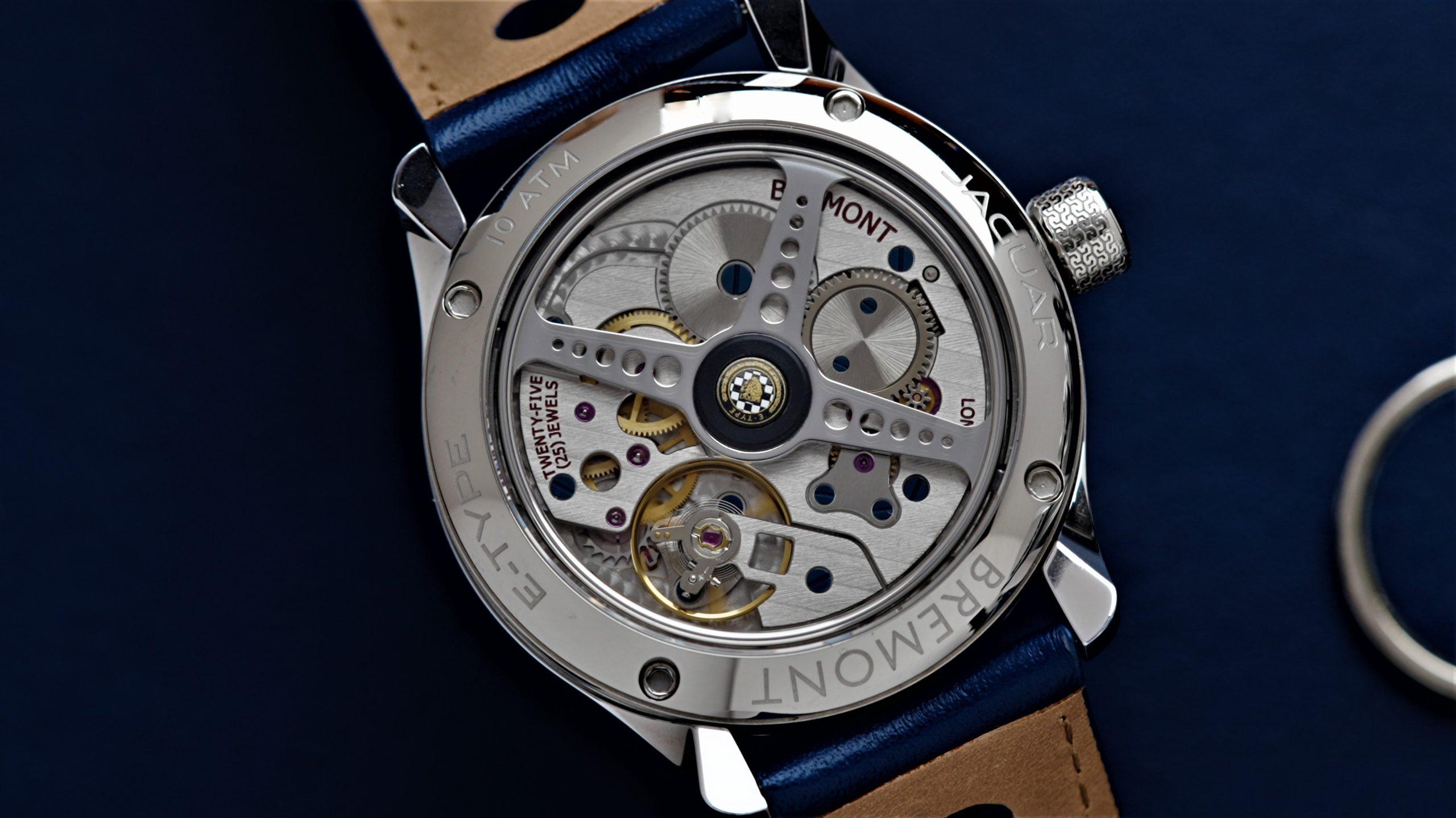 Back side of the Bremont Jaguar MK1 Blue Dial E Type watch.