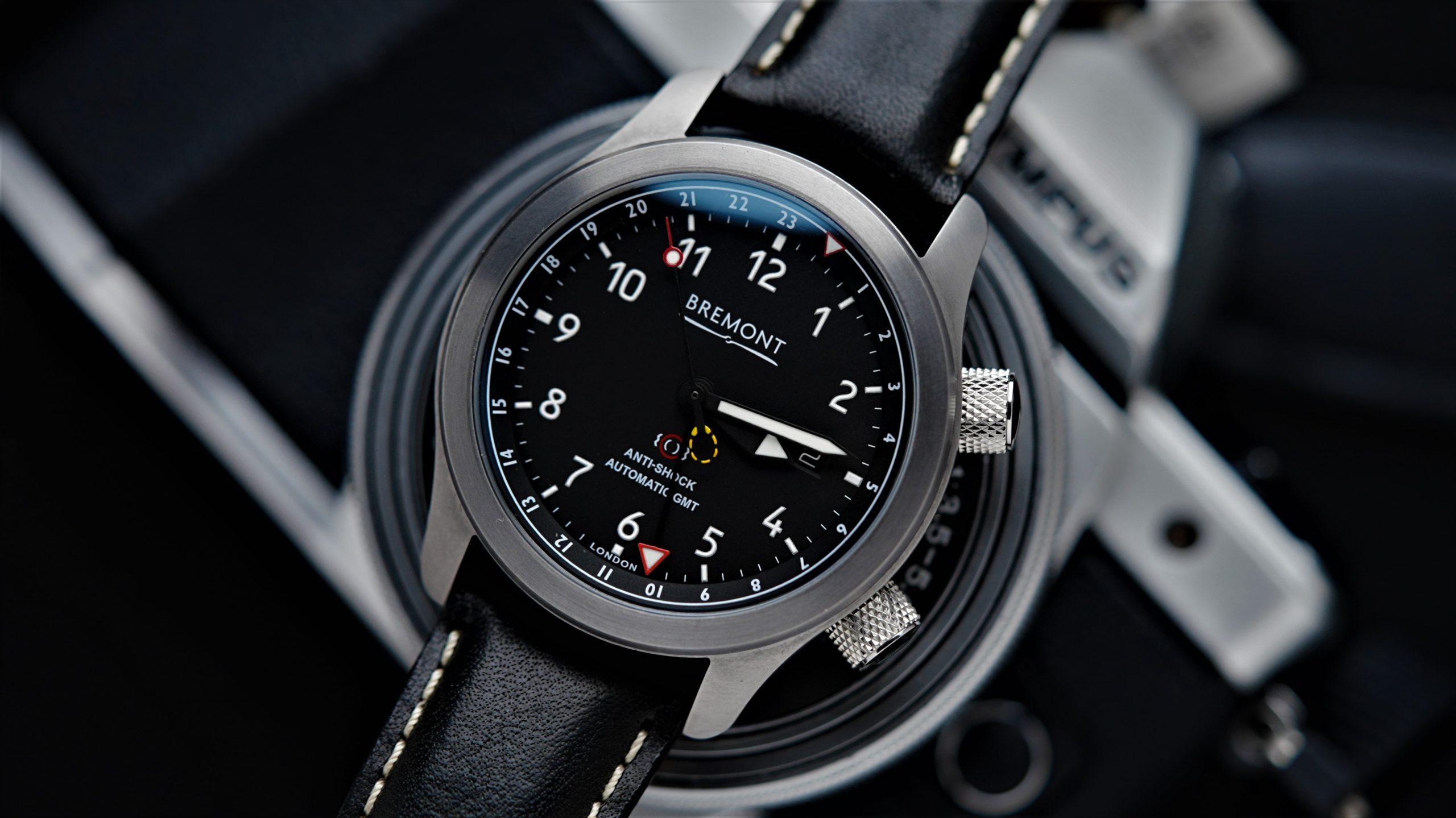 Bremont Martin Baker GMT featured under white light at an angle.
