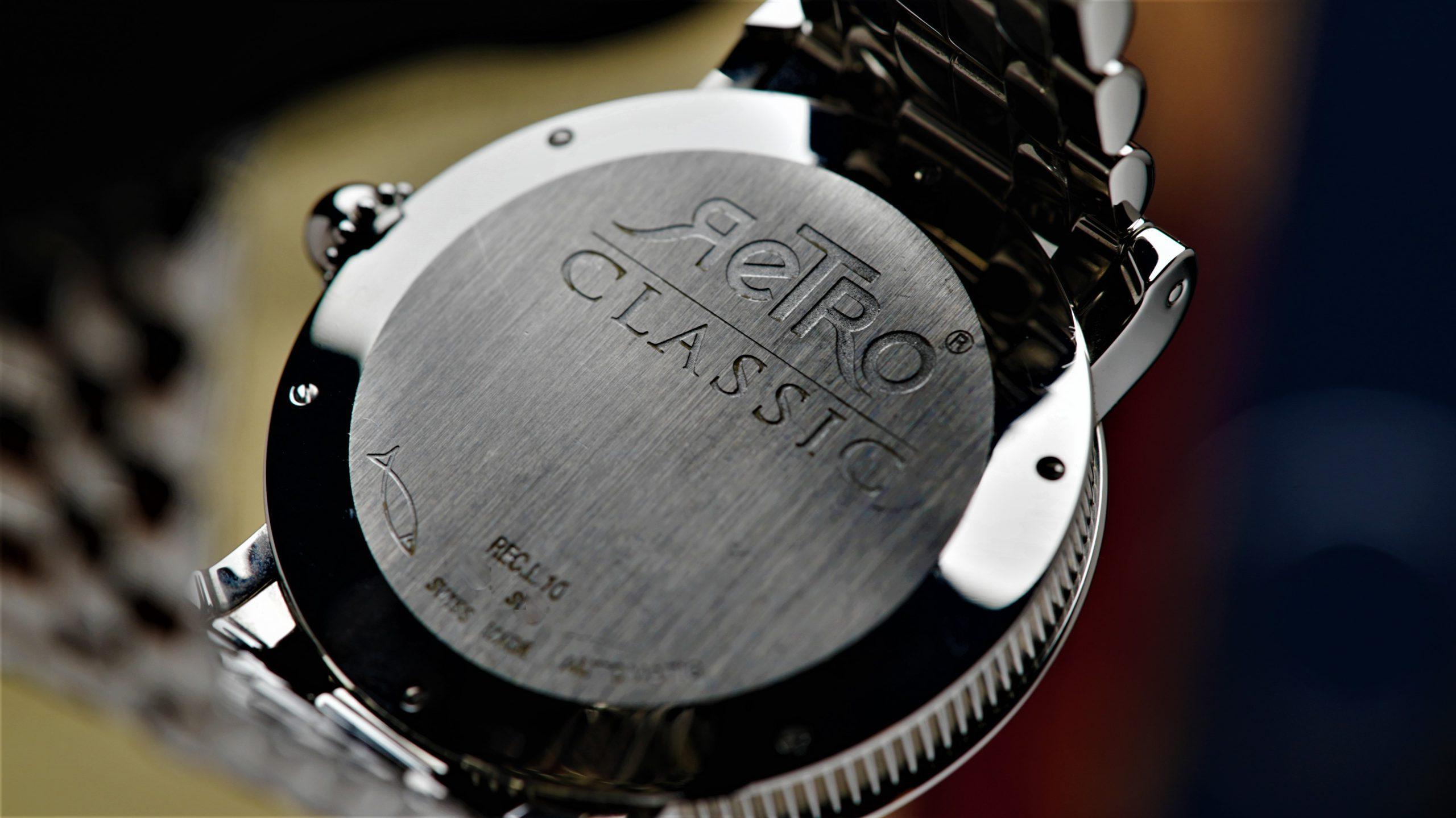 Caseback of the Gérald Genta Retro Classic Extremely Rare Blue Guilloche Dial Jump Hour watch.
