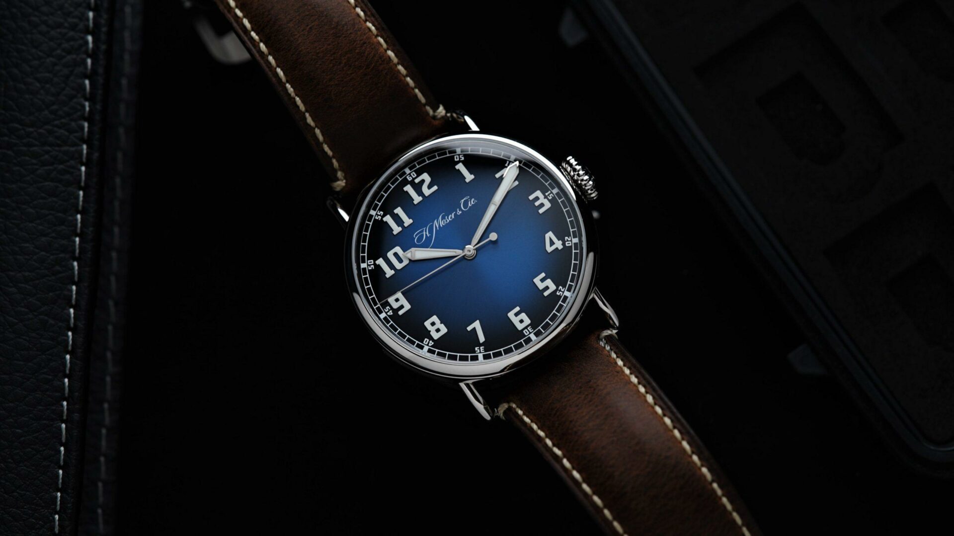 H.Moser & Cie. Centre Seconds Funky Blue Heritage watch photographed up close.