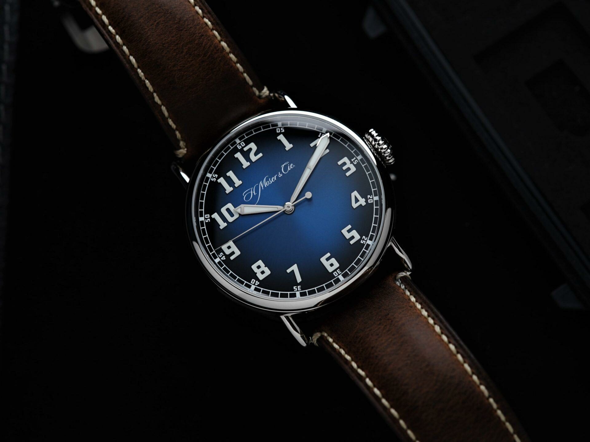 H.Moser & Cie. Centre Seconds Funky Blue Heritage watch photographed up close.