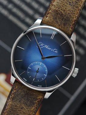 H.Moser & Cie. Venturer Small Seconds Xl watch pictured on an angle under white lighting.