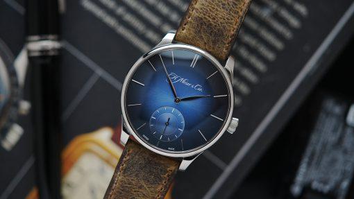 H.Moser & Cie. Venturer Small Seconds Xl watch pictured on an angle under white lighting.