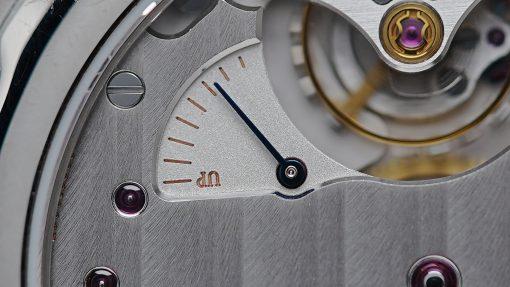 Back side of the H.Moser & Cie. Venturer Small Seconds Xl watch macro shot.