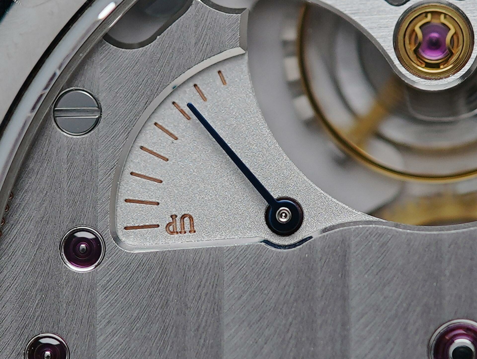 Back side of the H.Moser & Cie. Venturer Small Seconds Xl watch macro shot.