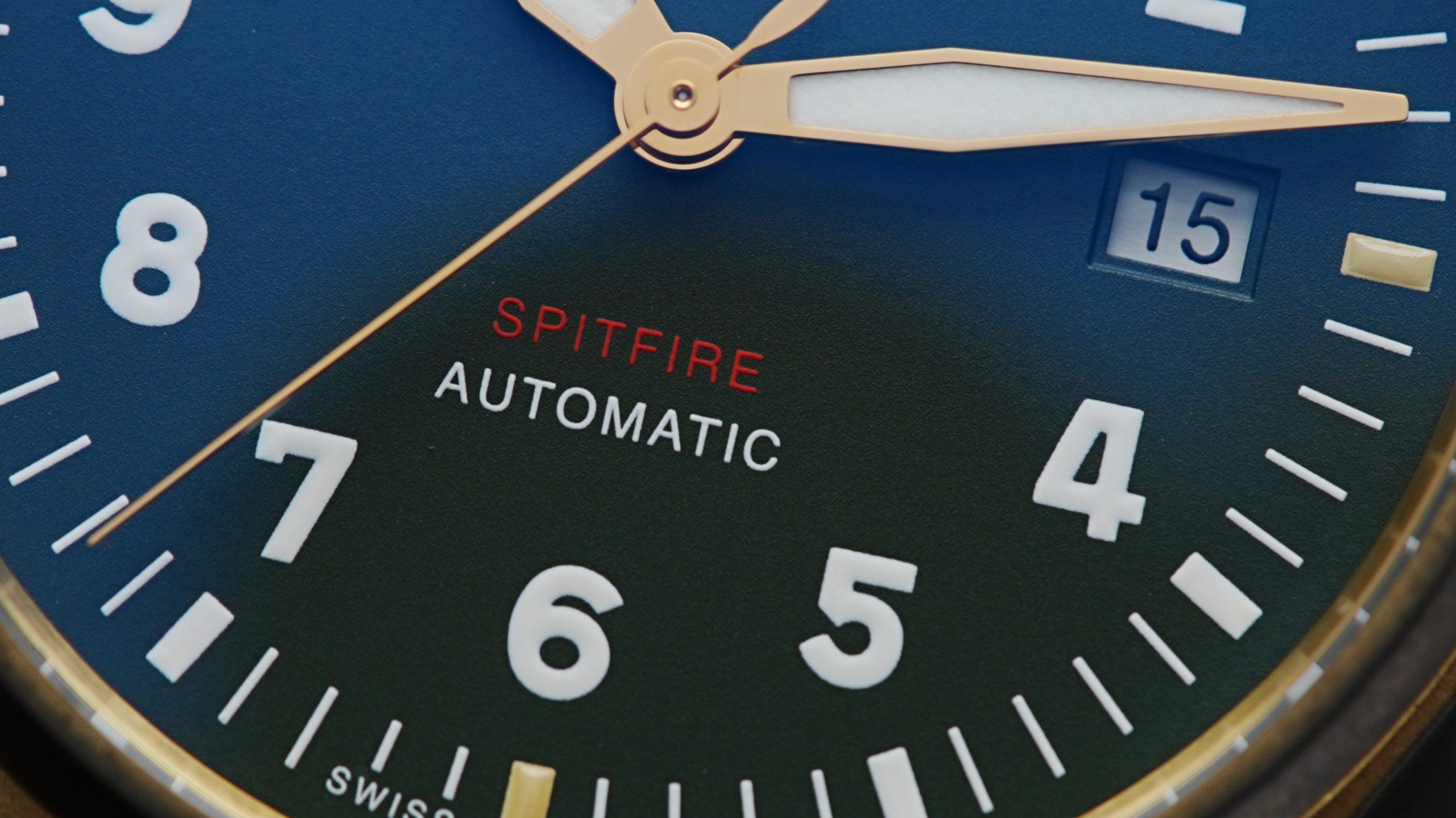 IWC Spitfire Automatic green dial very close up.