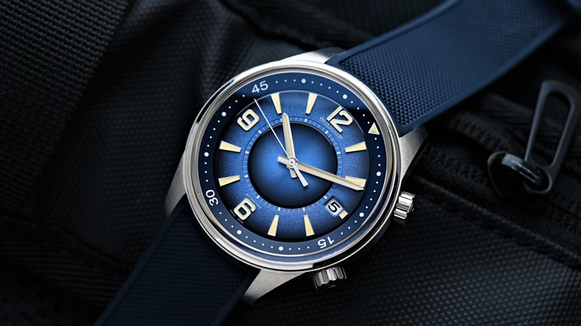 Jaeger-LeCoultre Polaris Limited Stunning Blue Dial watch pictured on an angle.