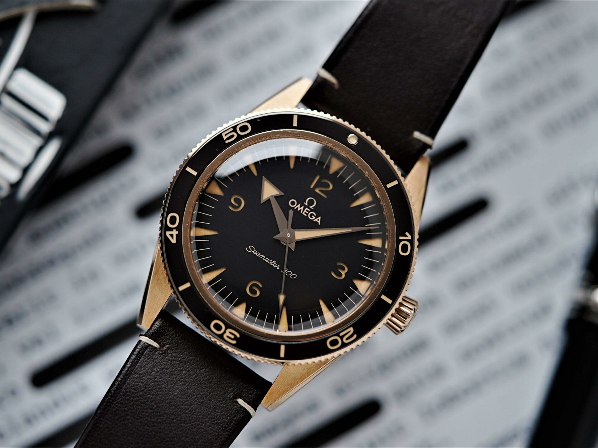 Omega Seamaster 300 Co-Axial Master Chronometer pictured on an angle under white light.
