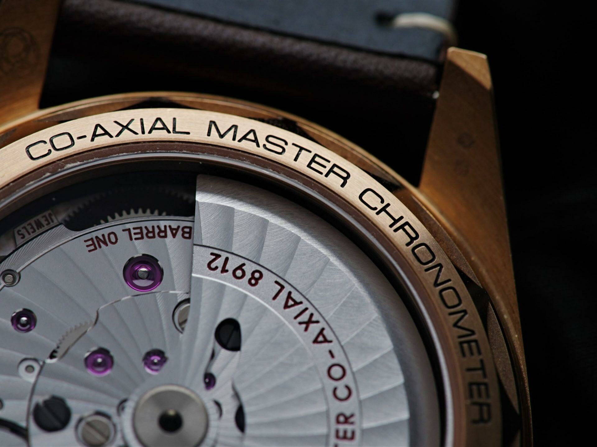 Back side of the Omega Seamaster 300 Co-Axial Master Chronometer watch showing the movement.