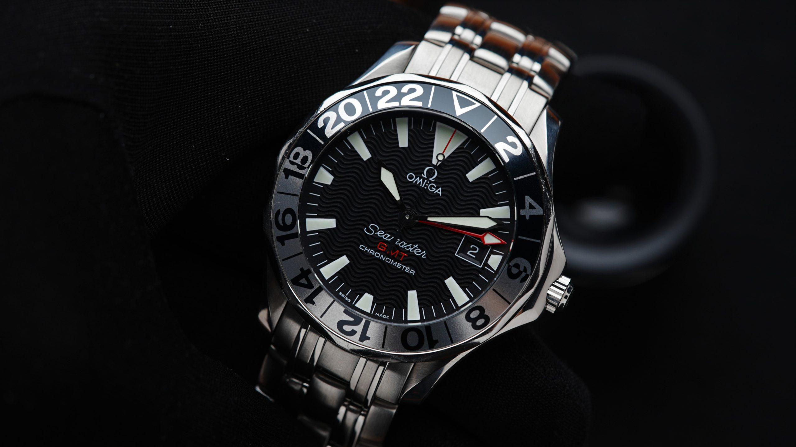 Omega Seamaster GMT 50th Anniversary dial up close.