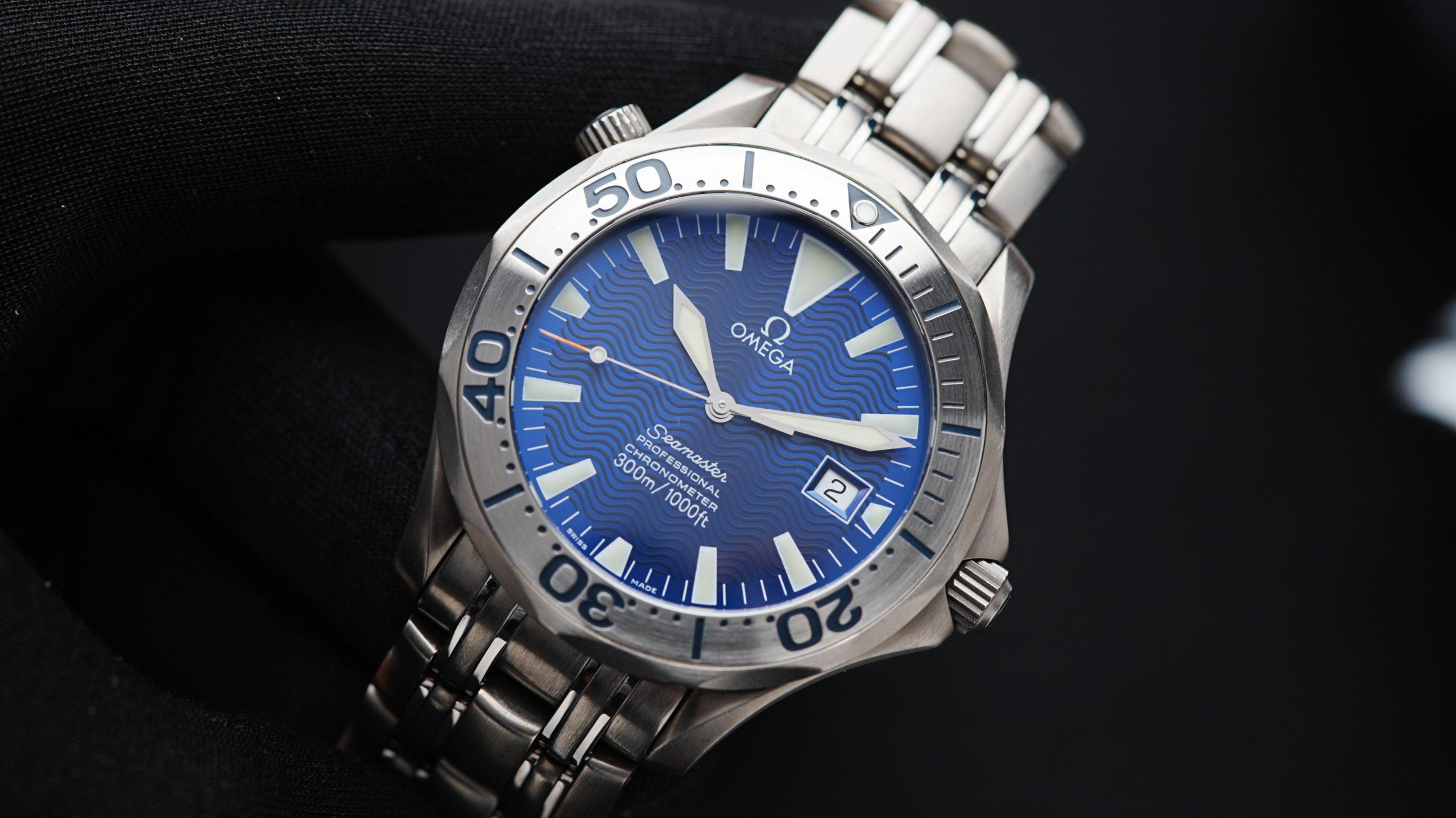 Omega Seamaster Professional 300m Electric Blue with Sword Hands up close of watch and dial.