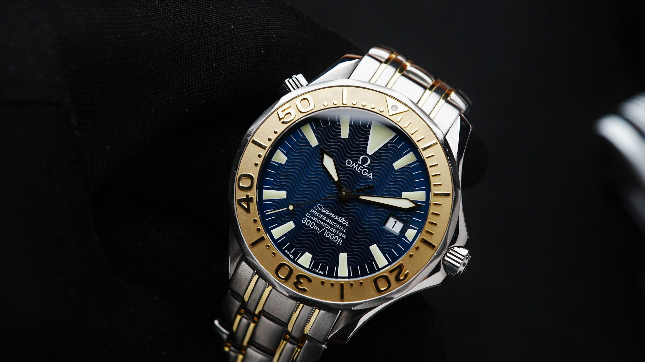Up close picture of the Omega Seamaster Sword Hands Gold & Steel Blue Dial Rare.