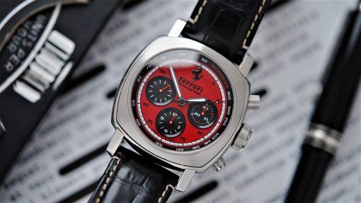 Panerai Ferrari chronograph watch pictured on an angle under white light.