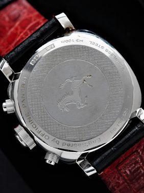 Back side of the Panerai Ferrari chronograph watch.