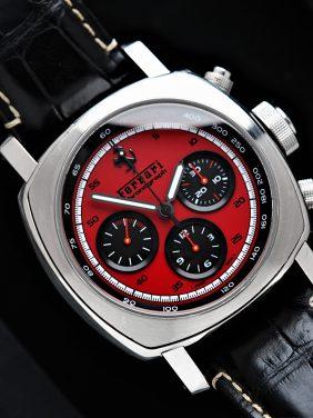 Panerai Ferrari chronograph watch featured on an angle under white light.