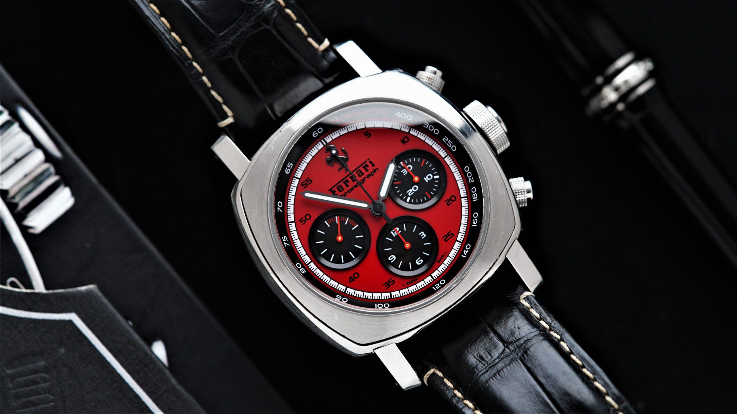Panerai Ferrari chronograph watch featured on an angle under white light.
