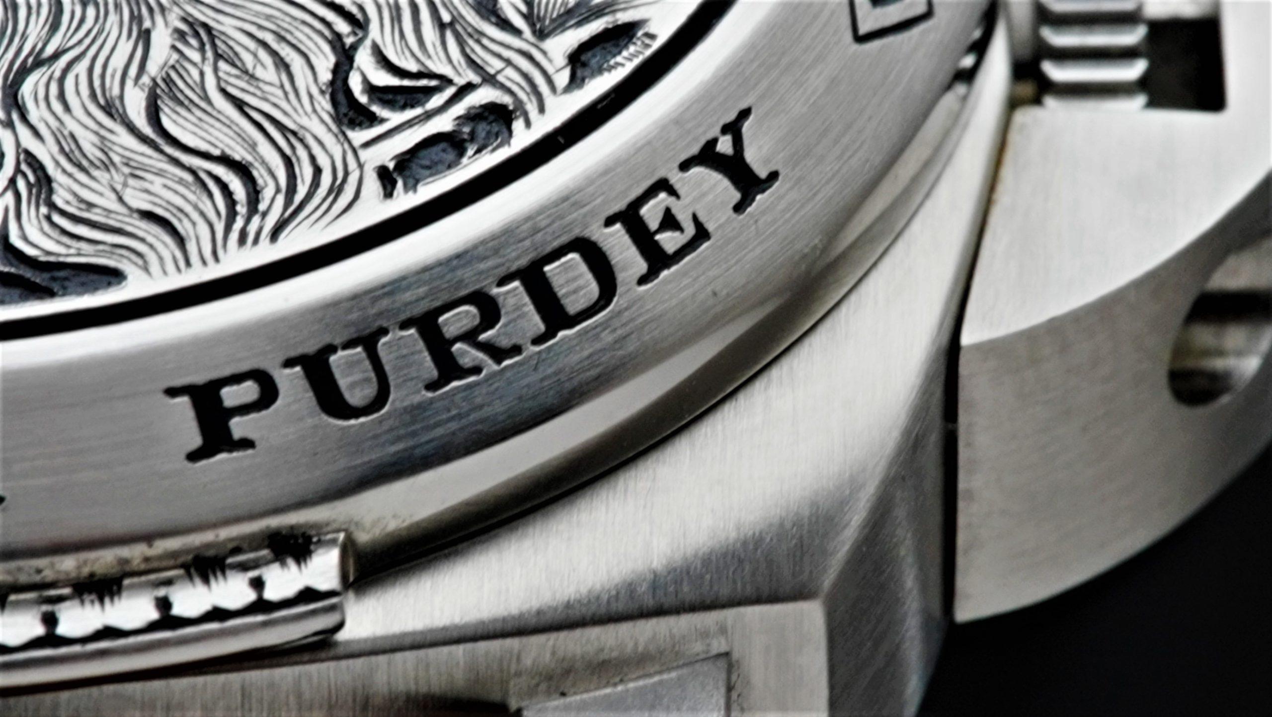 Panerai Luminor For Purdey Limired Edition up close of name Purdey.