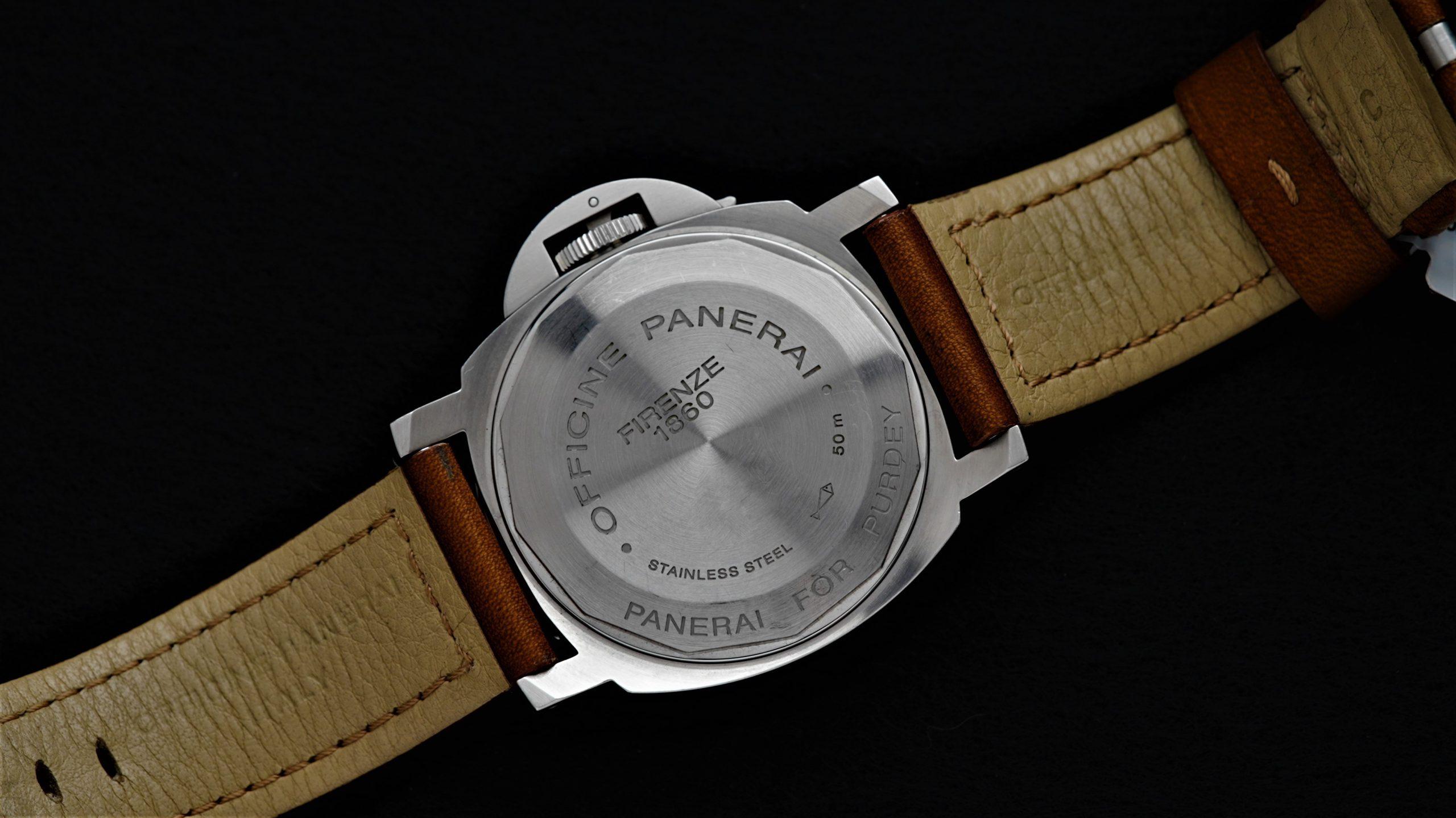 Back side of the Panerai Luminor For Purdey Limired Edition.