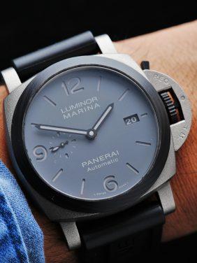 Panerai Luminor Marina Pam01662 44mm watch being featured on the wrist under white lighting.